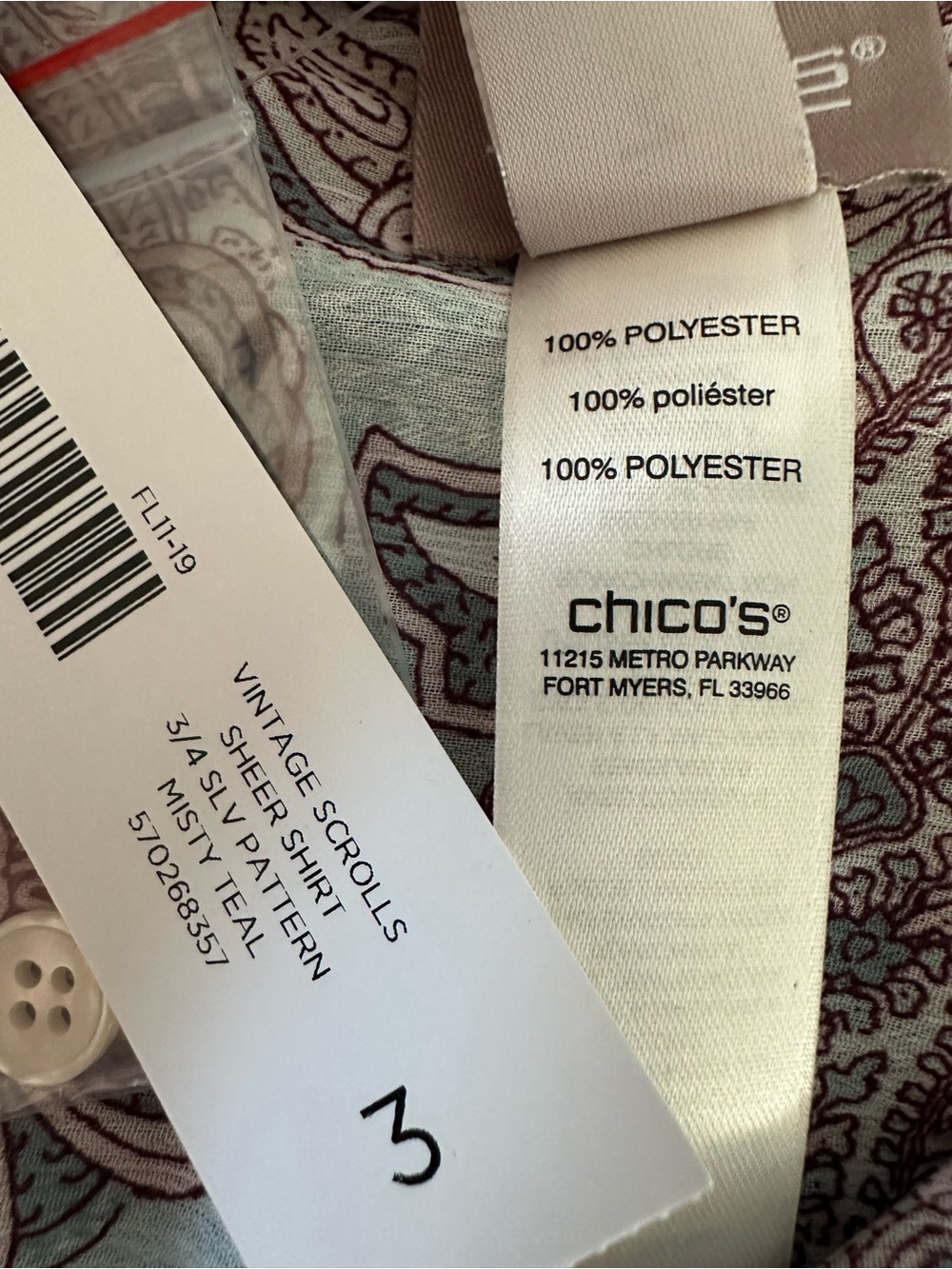 Chico’s Size 3 Vintage Scrolls Paisley Sheer Button Front Blouse NWT SZ XL 16 - Picture 6 of 7